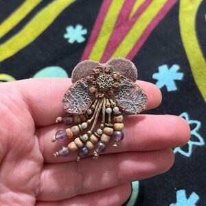 VTG Whimsigoth Artist Signed Fabric and Beaded Handmade Brooch